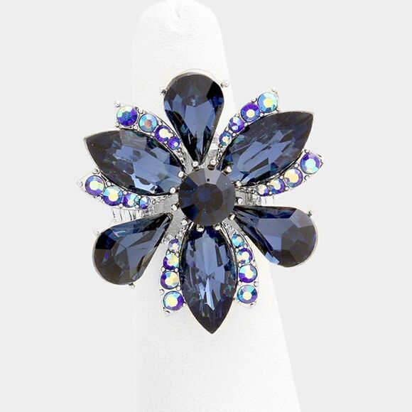Marquise Flower Blue Glass Stone Stretch Ring - Picture 1 of 5